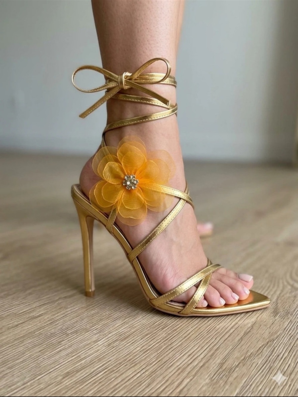 Cape Robbin Gold Strappy Stiletto Sandals with Yellow Flower